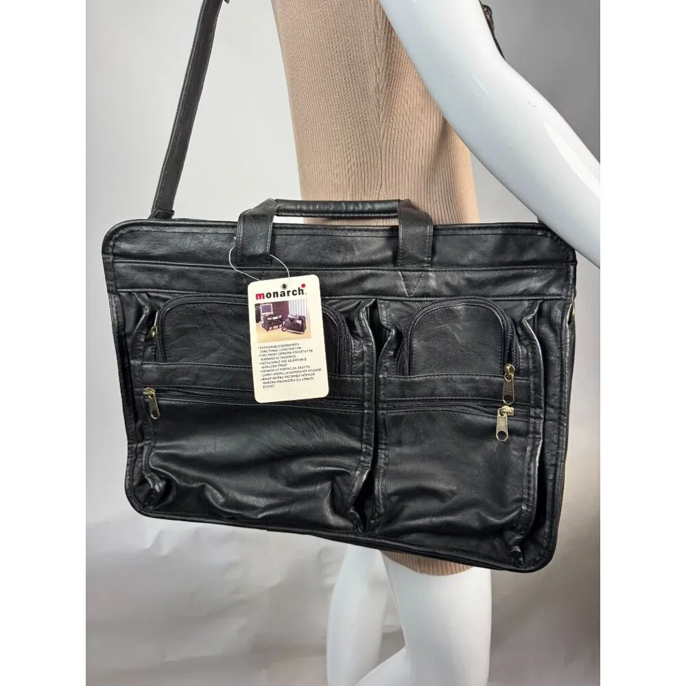 Monarch Black Leather Look Business Briefcase With Multiple Zippered Pockets & A